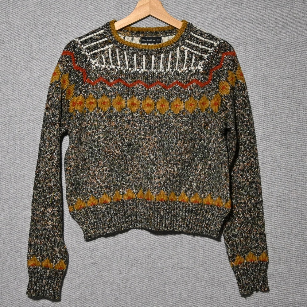 Zara Knit Sweater Womens M Fair Isle Marled Geometric Crew Neck Multi Medium